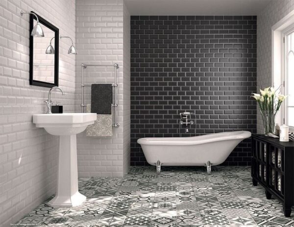Réalisation carrelage Metro salle de bain gris joint blanc