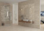 Carrelage effet béton Paul MADISON - mur salle de bain TAUPE décors COUNTY PERGAMON et douche STRUCTURE PERGAMON