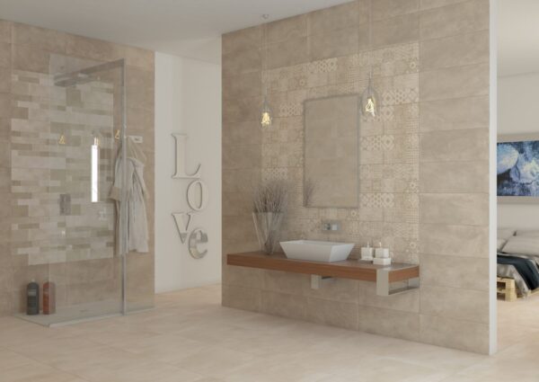 Carrelage effet béton Paul MADISON - mur salle de bain TAUPE décors COUNTY PERGAMON et douche STRUCTURE PERGAMON