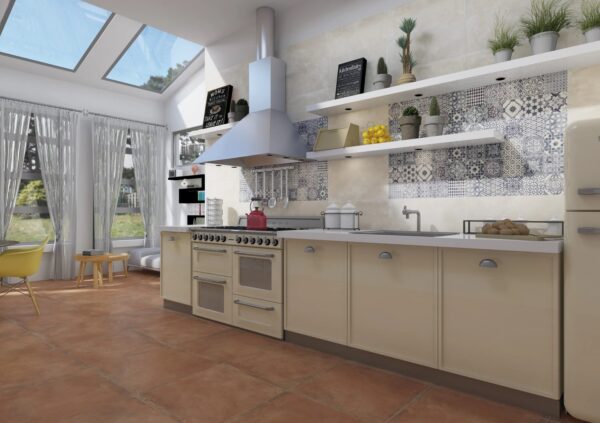 Carrelage patchwork Paul MADISON - mur cuisine WHITE et patchwork COUNTRY bleu et blanc