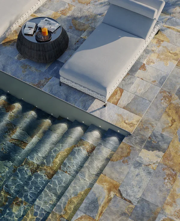 Carrelage Pierre de Bali - Terrasse et escaliers de piscine bali bleu Paul THAI couleur Subak Azur 30x60cm