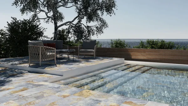 Carrelage Pierre de Bali - Terrasse, escaliers et piscine bali bleu Paul THAI couleur Subak Azur 30x60cm