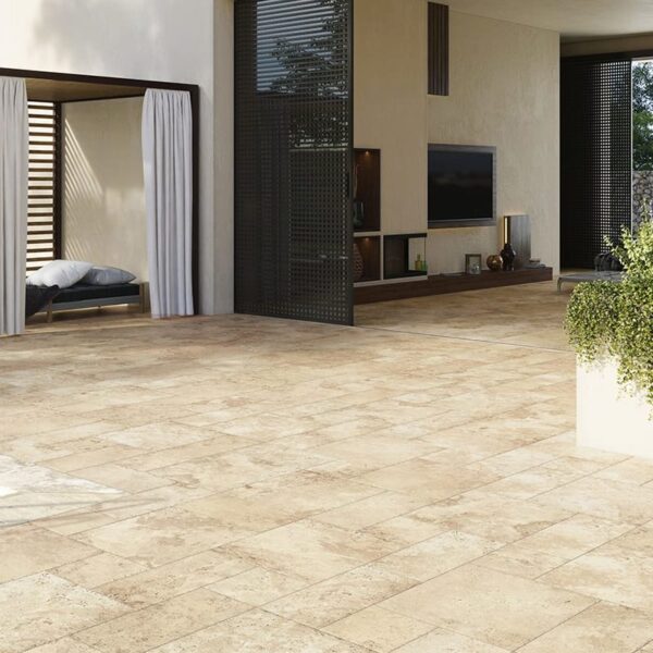 Carrelage travertin Century AURUM - couleur sol extérieur Ebur 50x50cm naturel+grip, Ebur 25x25cm grip extérieur antidérapant + Artis Wall 12.3x25cm