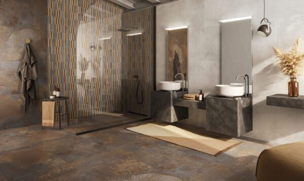 Carrelage de salle de bain BLEND Century Ceramica - carreaux CLASS 60x120cm, ART 60x120cm et décor MOSAICO Bars Warm 30x32cm