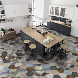 Carrelage hexagonal effet bois peint et motifs ITT ART DECO sur sol cuisine