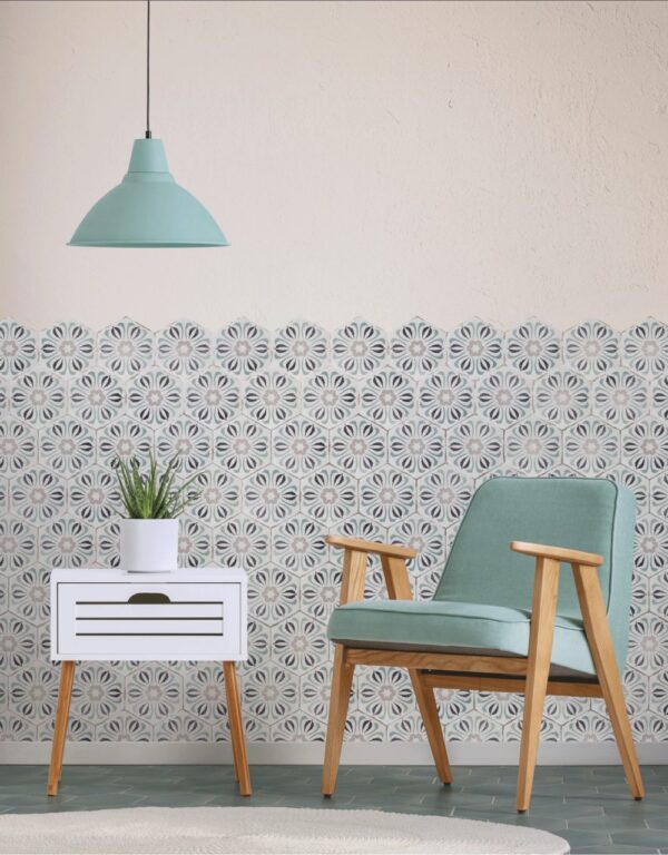Carreau de ciment hexagonal bleu et motif Nanda Capri - sol BETTINA BLUE et mur BOSA