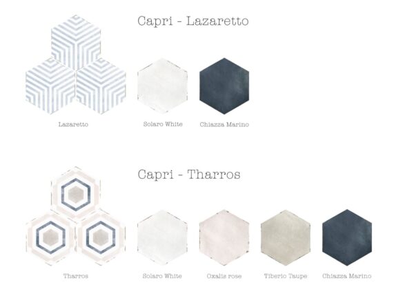 Carreau de ciment hexagonal Nanda CAPRI - Suggestion de combinaisons avec motifs LAZARETTO et THARROS
