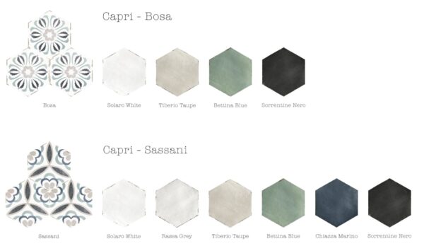 Carreau de ciment hexagonal Nanda CAPRI - Suggestion de combinaisons avec motifs SASSANI et BOSA