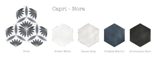 Carreau de ciment hexagonal Nanda CAPRI - Suggestion de combinaisons avec motif NORA