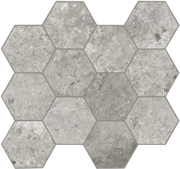 Carrelage imitation pierre Unicom Starker DEBRIS - décor hexagonal CINDER