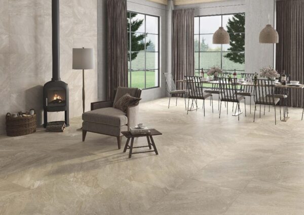 Carrelage imitation pierre STN ICARIA - mur BEIGE 37x75cm et sol OCRE