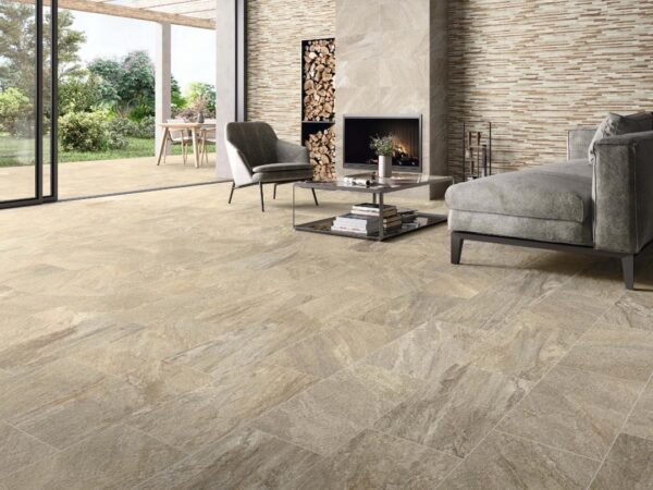 Carrelage imitation pierre STN ICARIA - sol OCRE 37x75cm er cheminée BEIGE 37x75cm