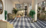 Carrelage trapèze Cevica CHINTZ - design sol bleu, noir et blanc