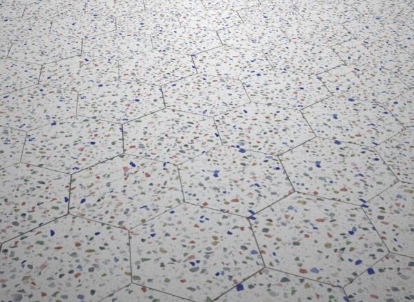 Sol en carrelage hexagonal terrazzo granito blanc et couleurs - Diffusion Céramique VENEZIA Colors