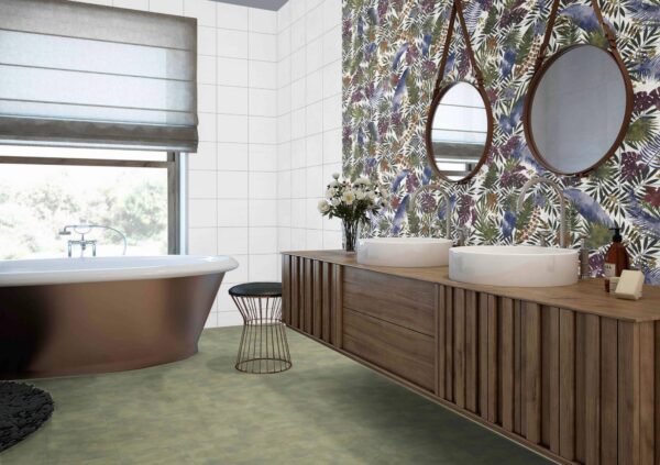 Salle de bain avec carrelage mural effet papier peint à fleurs TAHITI Diffusion Céramique - Patchwork 23 motifs raccords