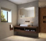 Carrelage mosaïque vintage demi-lune Nanda Amantina - mur lavabo blanc GABRIELLA, douche cuivre ISABELLA