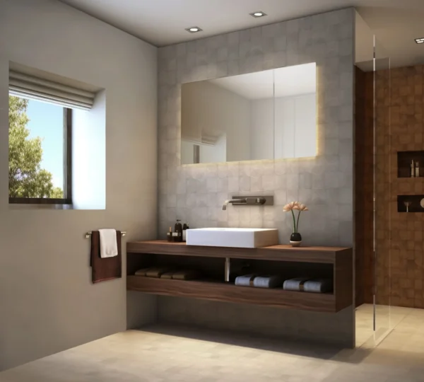 Carrelage mosaïque vintage demi-lune Nanda Amantina - mur lavabo blanc GABRIELLA, douche cuivre ISABELLA