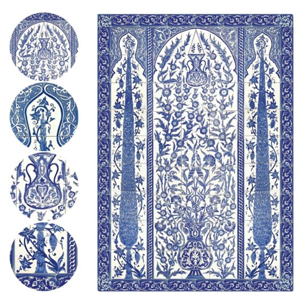 Panneau de carrelage-mural Doremail YAKOUT bleu entouré de fresques CYPRES, de frises et torsades