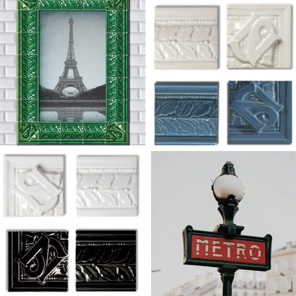 Frise feuille de chêne et angle d'encadrement Nord-Sud de carrelage métro parisien Diffusion Céramique