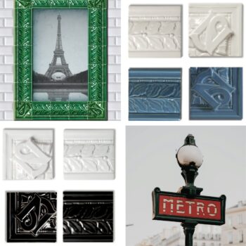 Frise feuille de ch^ne et angle d'encadrement Nord-Sud de carrelage métro parisien Diffusion Céramique