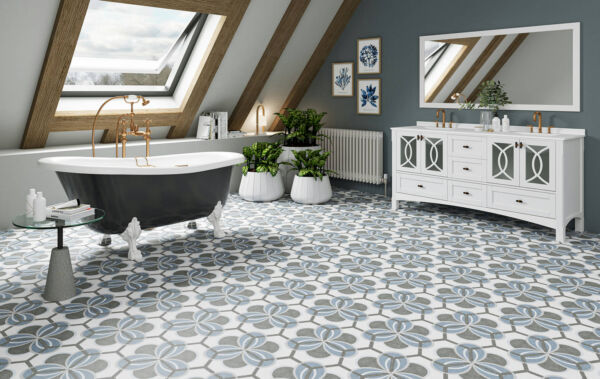 Carrelage hexagonal effet carreaux de ciment bleu gris - Codicer BOW