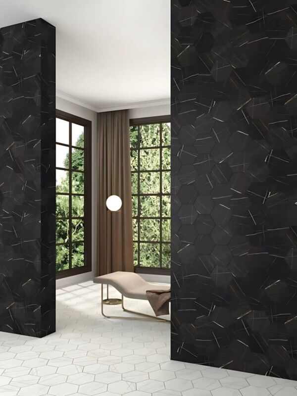 Carrelage mural marbre noir hexagonal Cevica ROCK STAR SAHARA