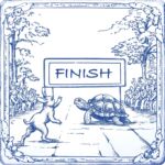 Carrelage effet faience vintage bleu et blanc - Dessin lièvre tortue - Codicer OUAT
