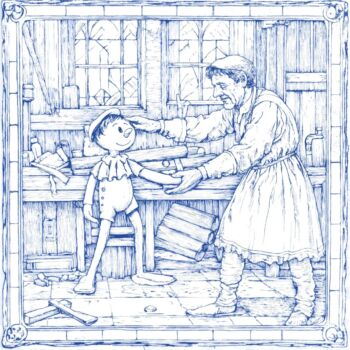 Carrelage effet faience vintage bleu et blanc - Dessin Pinocchio - Codicer OUAT