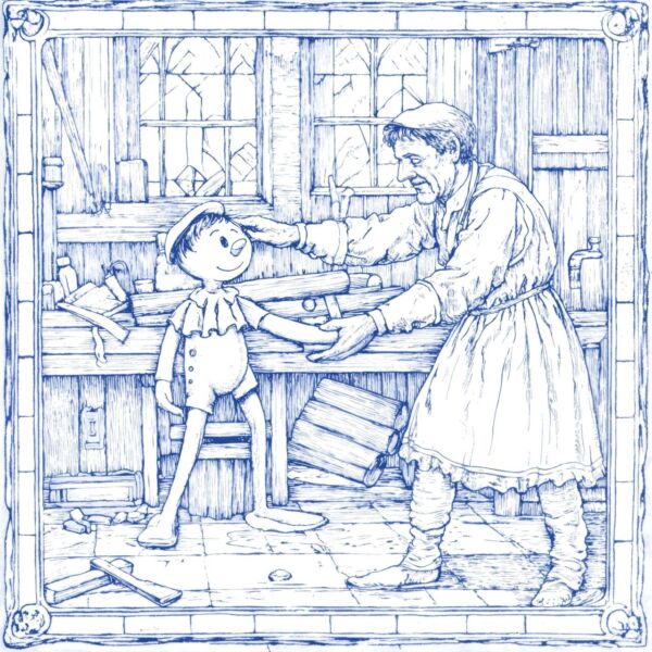 Carrelage effet faience vintage bleu et blanc - Dessin Pinocchio - Codicer OUAT